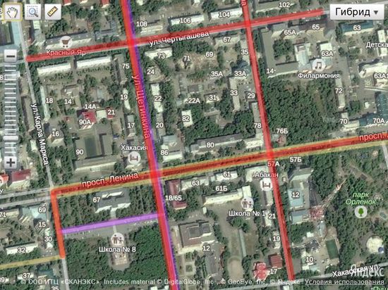 Карта перекрытия дорог в день города в Абакане